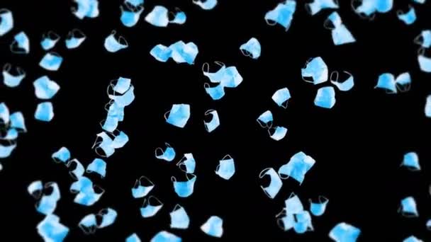 Siyah Arka Planda Bir Sürü Mavi Maske Uçuruyor Tıbbi Konsept — Stok video