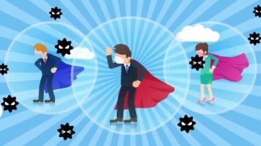 Süper kahraman iş ekibi virüse karşı savaşıyor. Tıbbi koruma konsepti. Takım elbise ve pelerin. İş iletişimi. Döngü canlandırması.