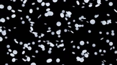 Siyah arka planda bir sürü beyaz hap uçurmak. Tıp konsepti. Hastalıkların tedavisi için haplar. Tıbbi malzemelerin 3 boyutlu döngü animasyonu.