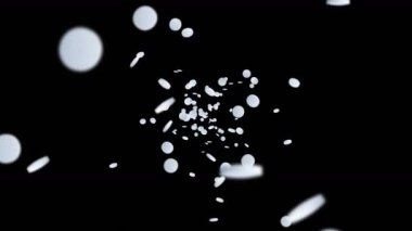 Siyah arka planda bir sürü beyaz hap uçurmak. Tıp konsepti. Hastalıkların tedavisi için haplar. Tıbbi malzemelerin 3 boyutlu döngü animasyonu.