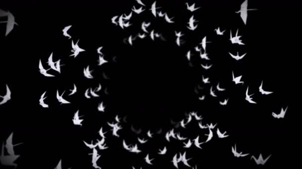 黒を背景に白い折り鶴がたくさん飛んでいます 空気中に浮かぶ美しい折り紙 平和の概念 紙の3Dループアニメーション — ストック動画