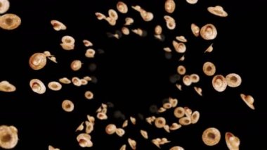 Siyah arka planda bir sürü hasır şapka uçurmak. El yapımı şapkalar. Yaz kavramı. Dönen el yapımı hasır şapkaların 3 boyutlu döngü animasyonu.