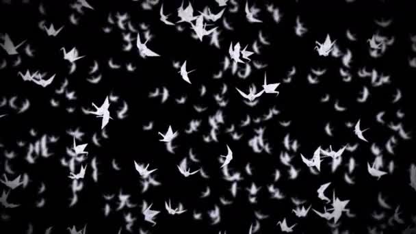 Літає Багато Білих Кранів Орігамі Чорному Тлі Прекрасне Орігамі Плаває — стокове відео
