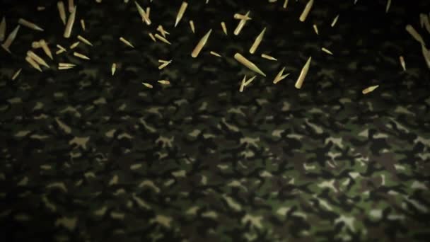 Flying Many Ammunition Bullets Green Camouflage Background Military Concept Pistol — Stock Video