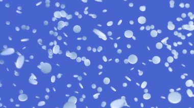 Mavi arka planda bir sürü beyaz hap uçuruyor. Tıp konsepti. Hastalıkların tedavisi için haplar. Tıbbi malzemelerin 3 boyutlu döngü animasyonu.
