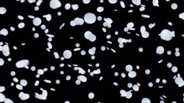 Siyah arka planda bir sürü beyaz hap uçurmak. Tıp konsepti. Hastalıkların tedavisi için haplar. Tıbbi malzemelerin 3 boyutlu döngü animasyonu.