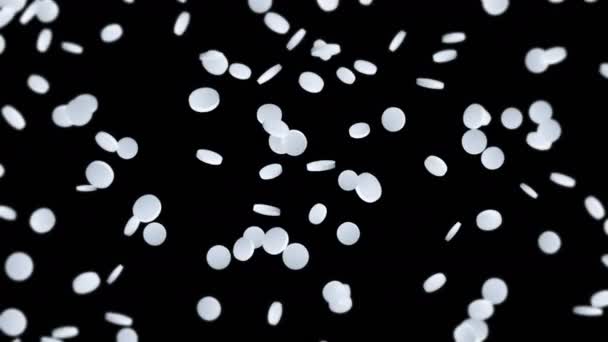 在黑色背景上飞行许多白色药丸 医学概念 用于治疗疾病的表格 医疗用品的3D循环动画 — 图库视频影像