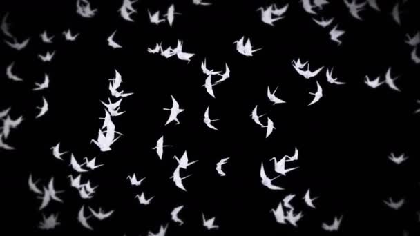 Літає Багато Білих Кранів Орігамі Чорному Тлі Прекрасне Орігамі Плаває — стокове відео