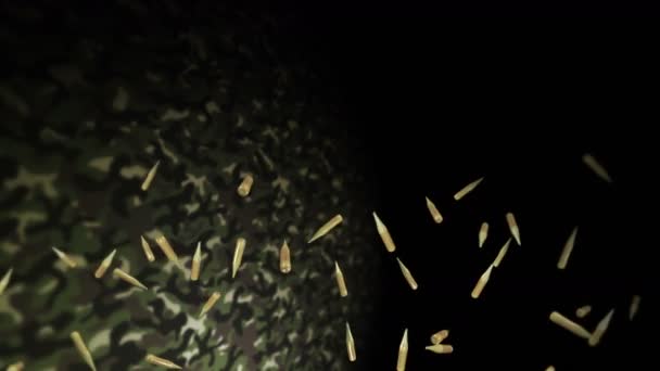Viele Munitionskugeln Fliegen Auf Grünem Tarnhintergrund Militärisches Konzept Pistolenkugeln Schleifenanimation — Stockvideo