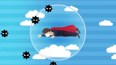 Virüse karşı uçan bir iş adamı. Tıbbi koruma konsepti. Takım elbise ve pelerin. İş liderliği ve üstesinden gelmek. Döngü canlandırması.