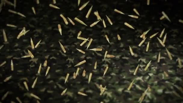 Летают Многие Патроны Пули Зеленом Камуфляжном Фоне Военное Понятие Пистолетные — стоковое видео
