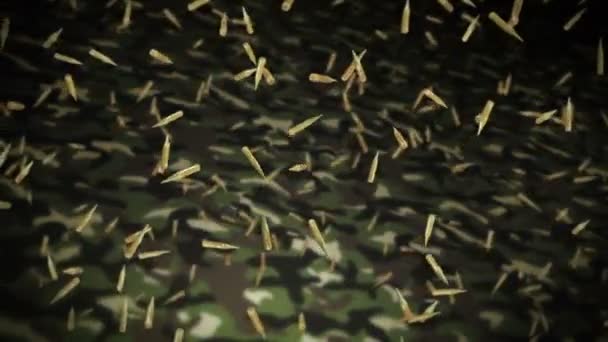 Menerbangkan Banyak Peluru Amunisi Pada Latar Belakang Kamuflase Hijau Konsep — Stok Video