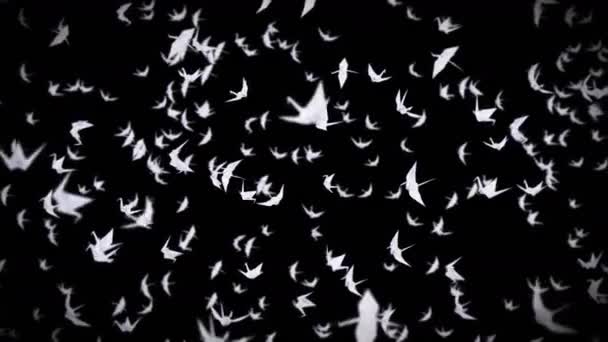 Flying Many White Origami Cranes Black Background Beautiful Origami Floating — Stock Video