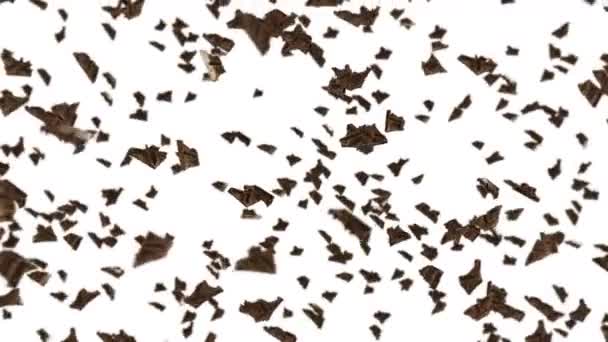 Létání Mnoho Čokoládových Kousků Černém Pozadí Jídlo Sladkosti Mléko Tma — Stock video