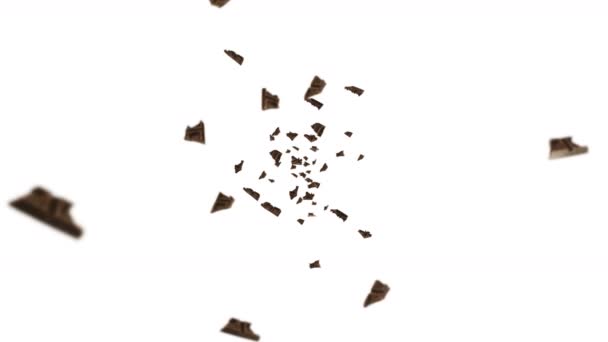 Літає Багато Шоколадних Шматочків Чорному Тлі Їжа Цукерки Молоко Темно — стокове відео