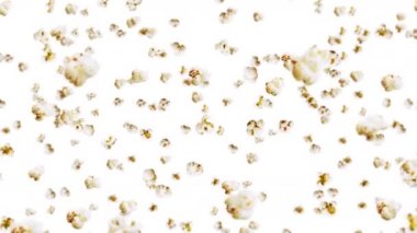 Beyaz arka planda bir sürü patlamış mısır uçuruyor. Beyaz tuzlu patlamış mısır. Sağlıklı yiyecekler. Mısır tohumu. Patlamış mısırın 3 boyutlu döngü animasyonu.