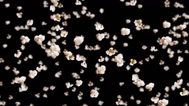 Vliegen Met Veel Popcorn Zwarte Achtergrond Witte Zoute Popcorn Gezond — Stockvideo