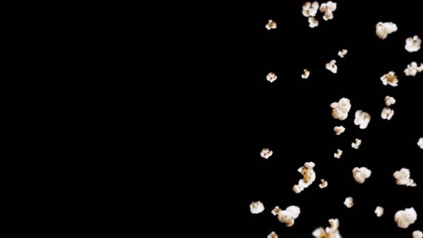 Flying Many Popcorns Black Background White Salty Popcorn Healthy Food — Stock Video