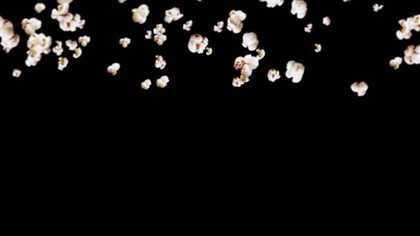 Летают Много Попкорнов Черном Фоне Белый Соленый Попкорн Здоровое Питание — стоковое видео