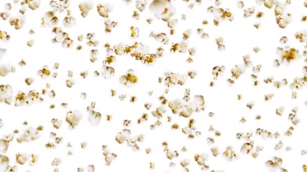 飞很多爆米花的白色背景 白咸味爆米花健康食品 玉米种子 爆米花旋转的3D循环动画 — 图库视频影像