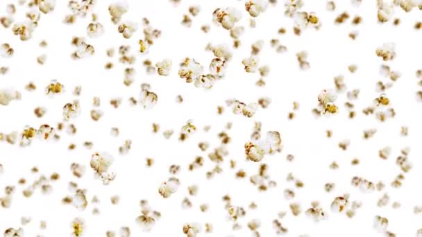 飞很多爆米花的白色背景 白咸味爆米花健康食品 玉米种子 爆米花旋转的3D循环动画 — 图库视频影像