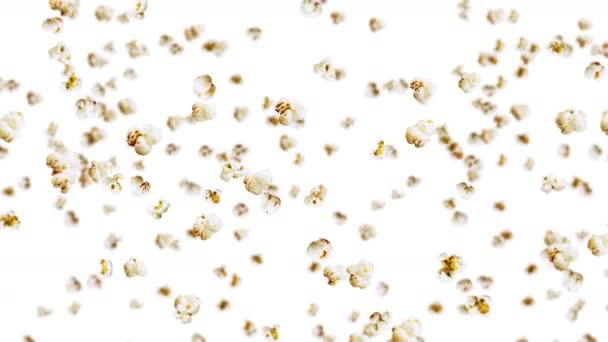 Viele Popcorn Fliegen Auf Weißem Hintergrund Weißes Salziges Popcorn Gesunde — Stockvideo