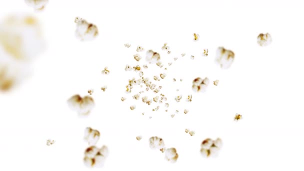 Latające Wiele Popcornów Białym Tle Biały Słony Popcorn Zdrowe Jedzenie — Wideo stockowe