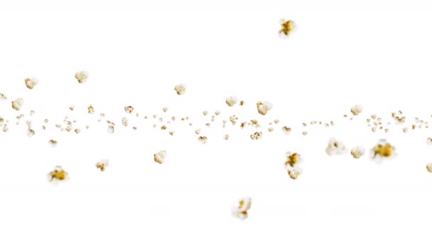 白い背景に多くのポップコーンを飛んでいます 白い塩味のポップコーン 健康食品 トウモロコシの種 ポップコーンの3Dループアニメーション回転 — ストック動画