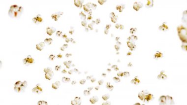 Beyaz arka planda bir sürü patlamış mısır uçuruyor. Beyaz tuzlu patlamış mısır. Sağlıklı yiyecekler. Mısır tohumu. Patlamış mısırın 3 boyutlu döngü animasyonu.