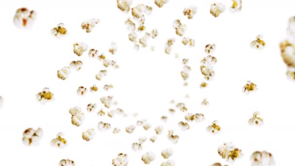 Viele Popcorn Fliegen Auf Weißem Hintergrund Weißes Salziges Popcorn Gesunde — Stockvideo