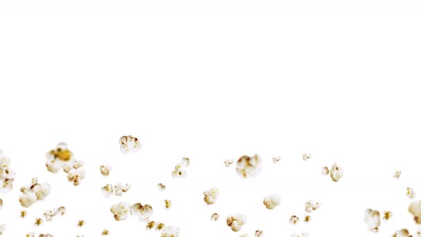 白い背景に多くのポップコーンを飛んでいます 白い塩味のポップコーン 健康食品 トウモロコシの種 ポップコーンの3Dループアニメーション回転 — ストック動画