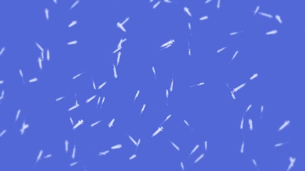 飞行许多注射器在蓝色背景上注射 医学概念 针对该病毒的疫苗 保健治疗 3D循环动画 — 图库视频影像