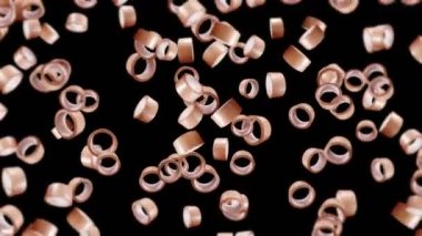 Siyah arka planda bir sürü koli bandı uçurmak. Yapışkan kağıt bant. Dönen koli bandının 3 boyutlu döngü animasyonu.