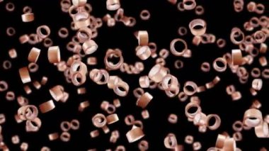 Siyah arka planda bir sürü koli bandı uçurmak. Yapışkan kağıt bant. Dönen koli bandının 3 boyutlu döngü animasyonu.