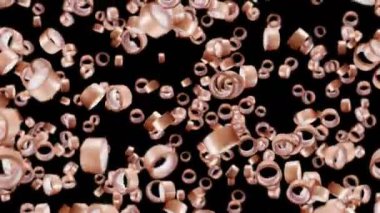 Siyah arka planda bir sürü koli bandı uçurmak. Yapışkan kağıt bant. Dönen koli bandının 3 boyutlu döngü animasyonu.