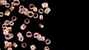 Siyah arka planda bir sürü koli bandı uçurmak. Yapışkan kağıt bant. Dönen koli bandının 3 boyutlu döngü animasyonu.