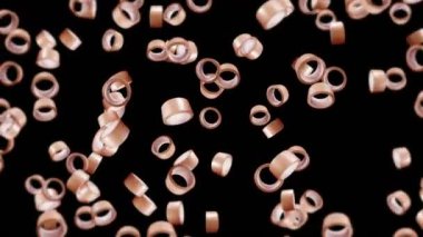 Siyah arka planda bir sürü koli bandı uçurmak. Yapışkan kağıt bant. Dönen koli bandının 3 boyutlu döngü animasyonu.