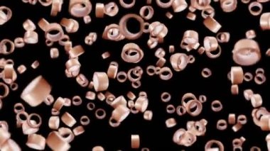 Siyah arka planda bir sürü koli bandı uçurmak. Yapışkan kağıt bant. Dönen koli bandının 3 boyutlu döngü animasyonu.