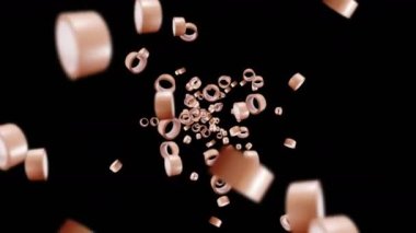 Siyah arka planda bir sürü koli bandı uçurmak. Yapışkan kağıt bant. Dönen koli bandının 3 boyutlu döngü animasyonu.