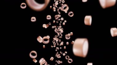 Siyah arka planda bir sürü koli bandı uçurmak. Yapışkan kağıt bant. Dönen koli bandının 3 boyutlu döngü animasyonu.