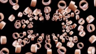 Siyah arka planda bir sürü koli bandı uçurmak. Yapışkan kağıt bant. Dönen koli bandının 3 boyutlu döngü animasyonu.