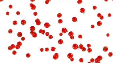 Beyaz arka planda bir sürü taze domates uçuruyor. Organik sebzeler. Olgun sulu vişneli domatesler. Domates dönüşünün 3 boyutlu döngü animasyonu.