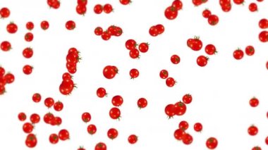 Beyaz arka planda bir sürü taze domates uçuruyor. Organik sebzeler. Olgun sulu vişneli domatesler. Domates dönüşünün 3 boyutlu döngü animasyonu.