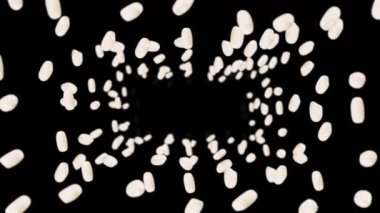 Siyah arka planda bir sürü pirinç uçurmak. Beyaz pirinç taneleri. Glutinous rice. Vejetaryen. Sağlıklı yiyecekler. Pirinç dönüşünün 3 boyutlu döngü animasyonu.