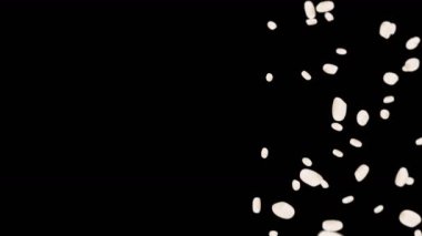 Siyah arka planda bir sürü pirinç uçurmak. Beyaz pirinç taneleri. Glutinous rice. Vejetaryen. Sağlıklı yiyecekler. Pirinç dönüşünün 3 boyutlu döngü animasyonu.