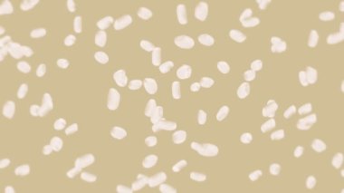 Kahverengi arka planda bir sürü pirinç uçuruyor. Beyaz pirinç taneleri. Glutinous rice. Vejetaryen. Sağlıklı yiyecekler. Pirinç dönüşünün 3 boyutlu döngü animasyonu.