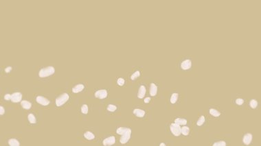 Kahverengi arka planda bir sürü pirinç uçuruyor. Beyaz pirinç taneleri. Glutinous rice. Vejetaryen. Sağlıklı yiyecekler. Pirinç dönüşünün 3 boyutlu döngü animasyonu.