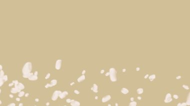 Kahverengi arka planda bir sürü pirinç uçuruyor. Beyaz pirinç taneleri. Glutinous rice. Vejetaryen. Sağlıklı yiyecekler. Pirinç dönüşünün 3 boyutlu döngü animasyonu.