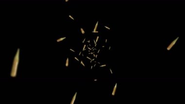 Siyah arka planda bir sürü mühimmat mermisi uçuşuyor. Askeri bir kavram. Model yap. Kahverengi tabanca mermisi. Mermi dönüşünün 3 boyutlu döngü canlandırması.