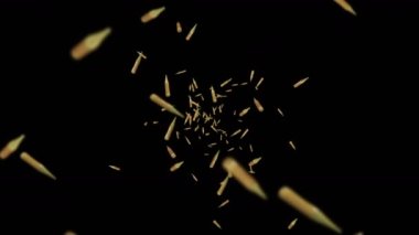 Siyah arka planda bir sürü mühimmat mermisi uçuşuyor. Askeri bir kavram. Model yap. Kahverengi tabanca mermisi. Mermi dönüşünün 3 boyutlu döngü canlandırması.